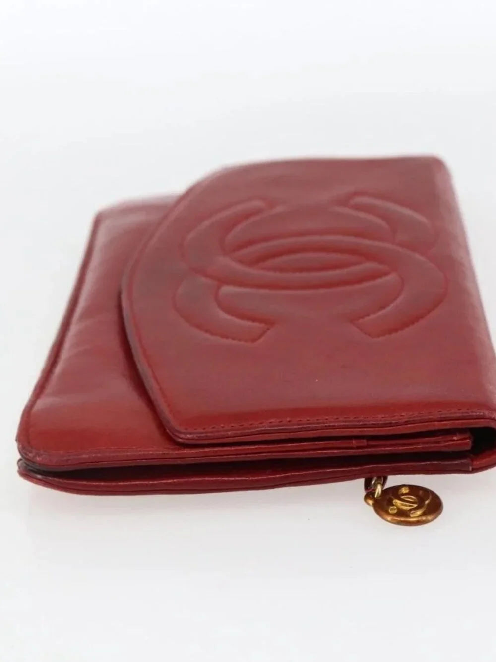 CHANEL Long Wallet Grained Calf Skin Red Gold CC Auth 166826